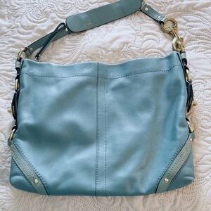 Chic Blue Leather Shoulder Bag with Gold Accents